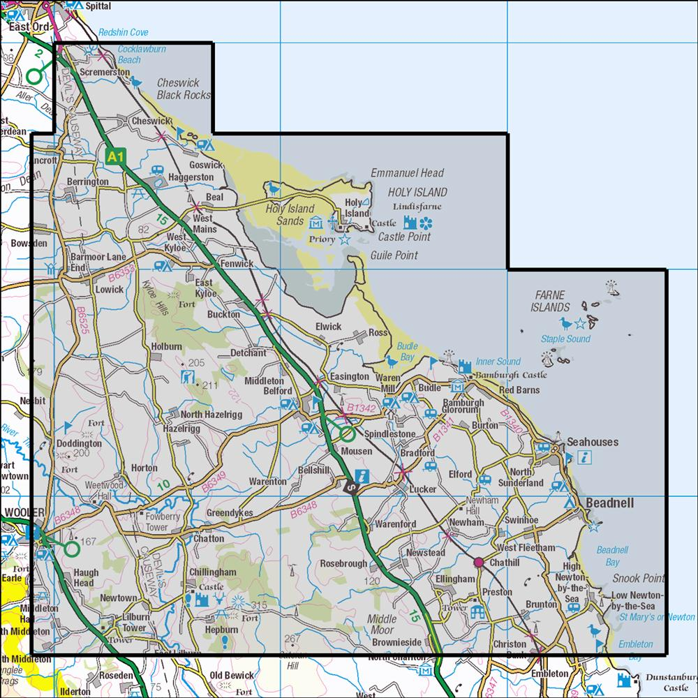 Outdoor Map Navigator image showing the area of the 1:25,000 scale Ordnance Survey Explorer map 340 Holy Island & Bamburgh