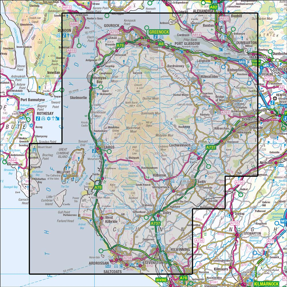 Outdoor Map Navigator image showing the area of the 1:25,000 scale Ordnance Survey Explorer map 341 Greenock, Largs & Millport