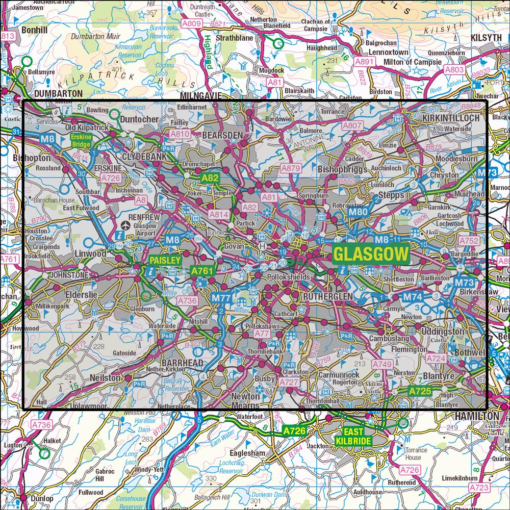 Outdoor Map Navigator image showing the area of the 1:25,000 scale Ordnance Survey Explorer map 342 Glasgow