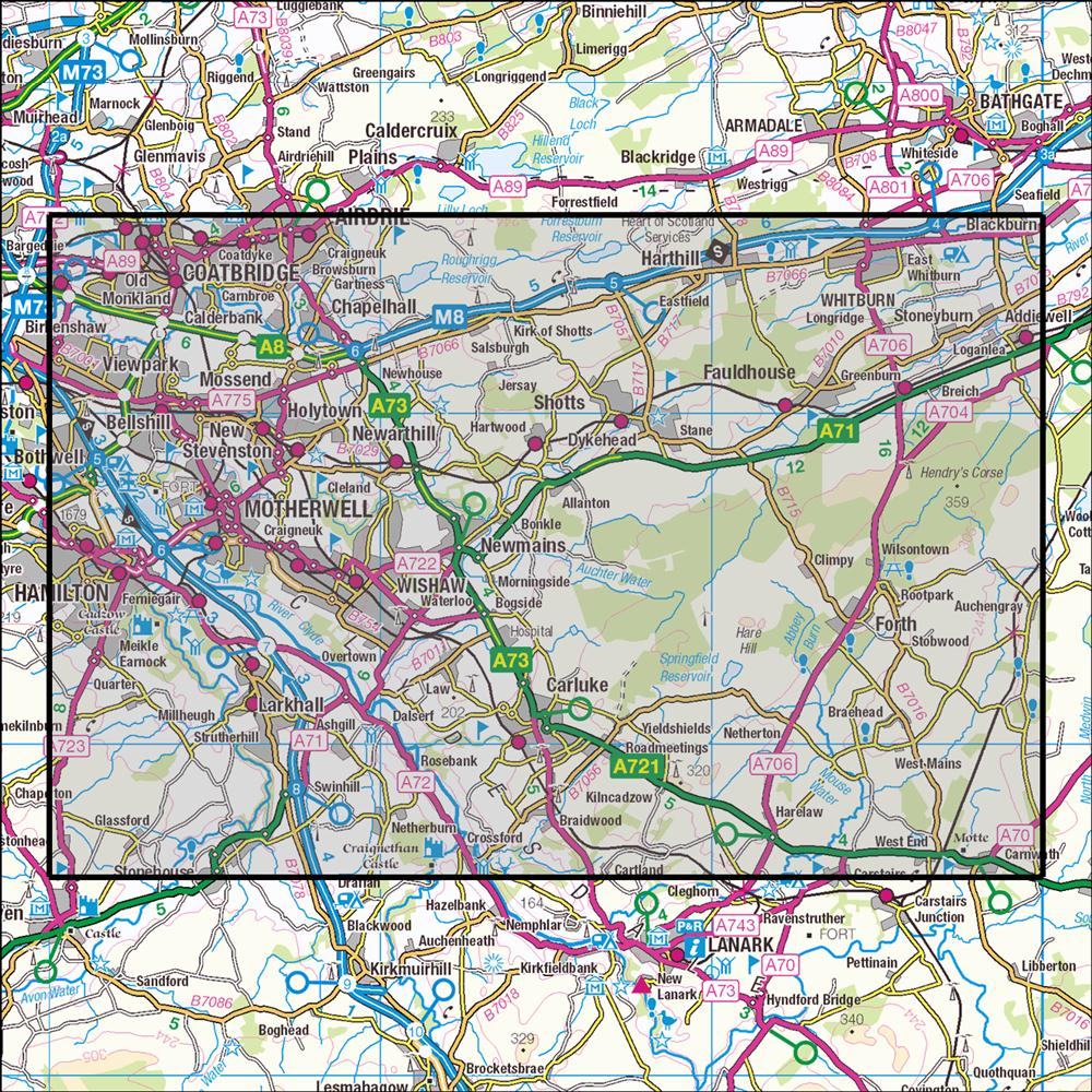 Outdoor Map Navigator image showing the area of the 1:25,000 scale Ordnance Survey Explorer map 343 Motherwell & Coatbridge