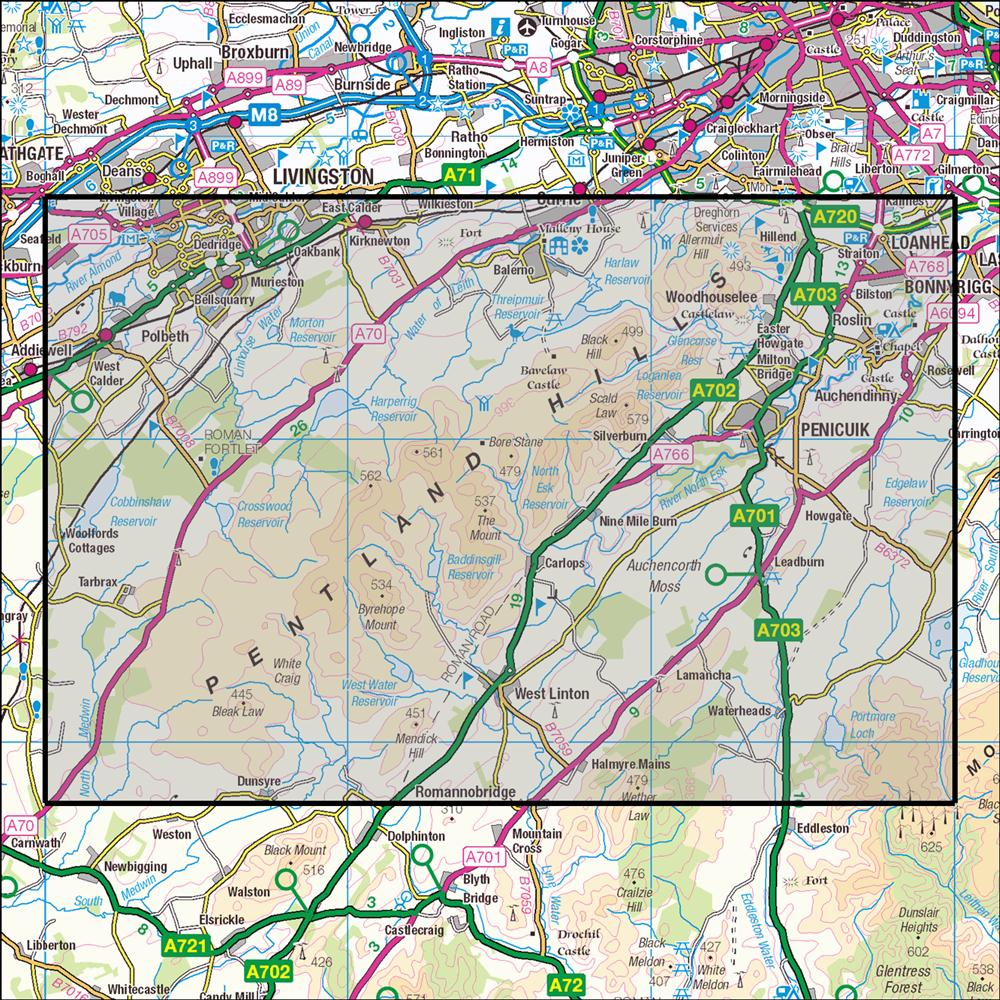 Outdoor Map Navigator image showing the area of the 1:25,000 scale Ordnance Survey Explorer map 344 Pentland Hills