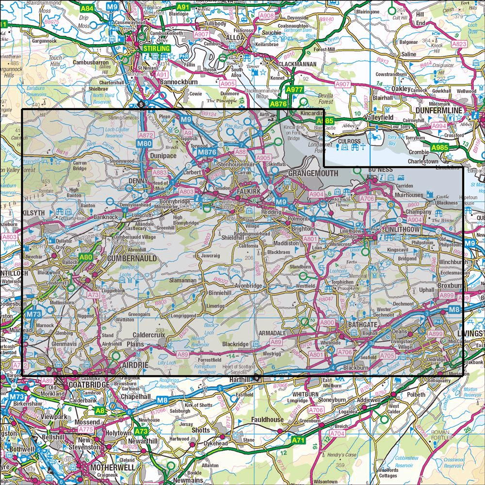 Outdoor Map Navigator image showing the area of the 1:25,000 scale Ordnance Survey Explorer map 349 Falkirk, Cumbernauld & Livingston