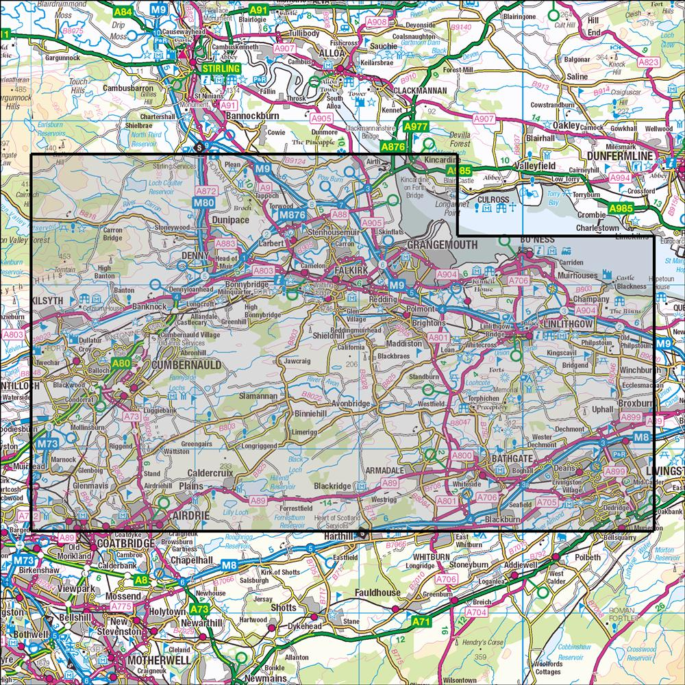 Outdoor Map Navigator image showing the area of the 1:25,000 scale Ordnance Survey Explorer map 349 Falkirk, Cumbernauld & Livingston