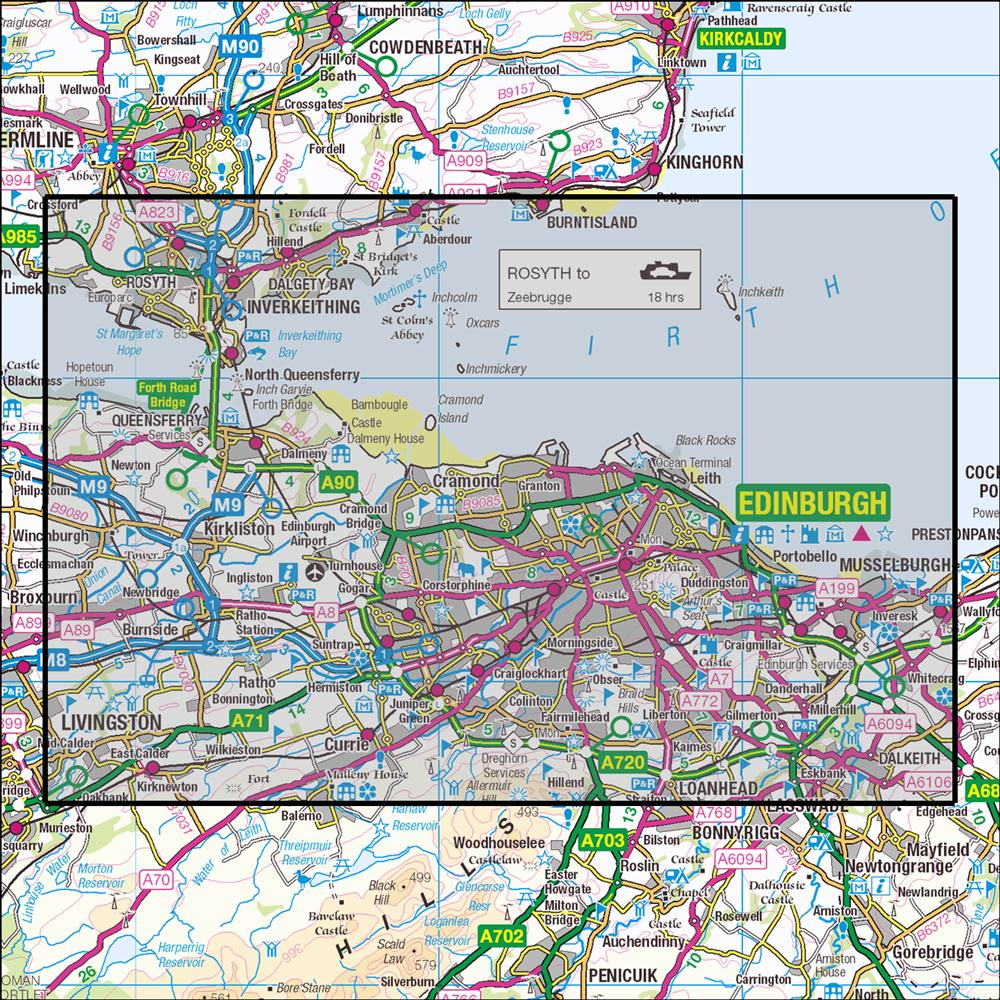 Outdoor Map Navigator image showing the area of the 1:25,000 scale Ordnance Survey Explorer map 350 Edinburgh