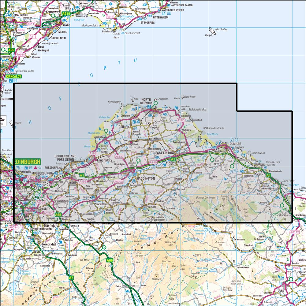 Outdoor Map Navigator image showing the area of the 1:25,000 scale Ordnance Survey Explorer map 351 Dunbar & North Berwick