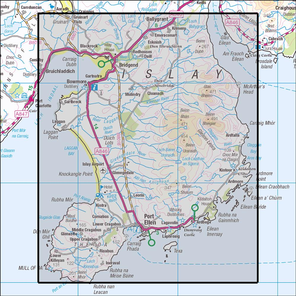 Outdoor Map Navigator image showing the area of the 1:25,000 scale Ordnance Survey Explorer map 352 Islay South