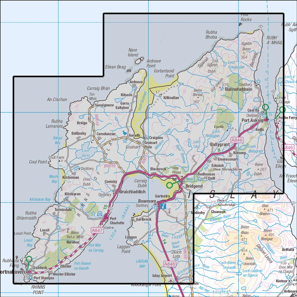 Outdoor Map Navigator image showing the area of the 1:25,000 scale Ordnance Survey Explorer map 353 Islay North