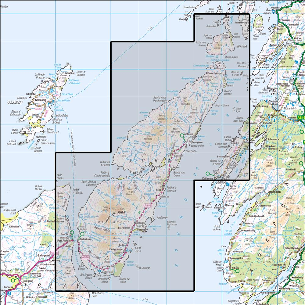 Outdoor Map Navigator image showing the area of the 1:25,000 scale Ordnance Survey Explorer map 355 Jura & Scarba