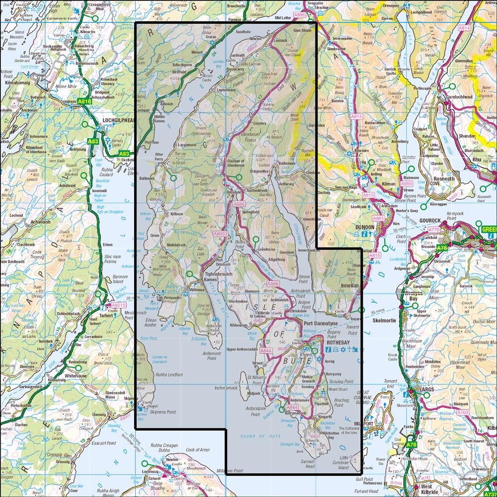 Outdoor Map Navigator image showing the area of the 1:25,000 scale Ordnance Survey Explorer map 362 Cowal West & Isle of Bute