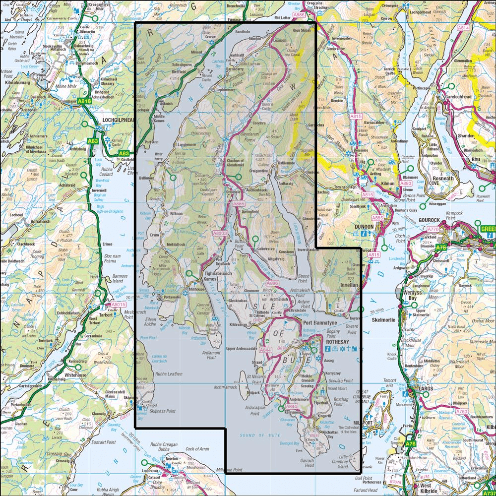 Outdoor Map Navigator image showing the area of the 1:25,000 scale Ordnance Survey Explorer map 362 Cowal West & Isle of Bute