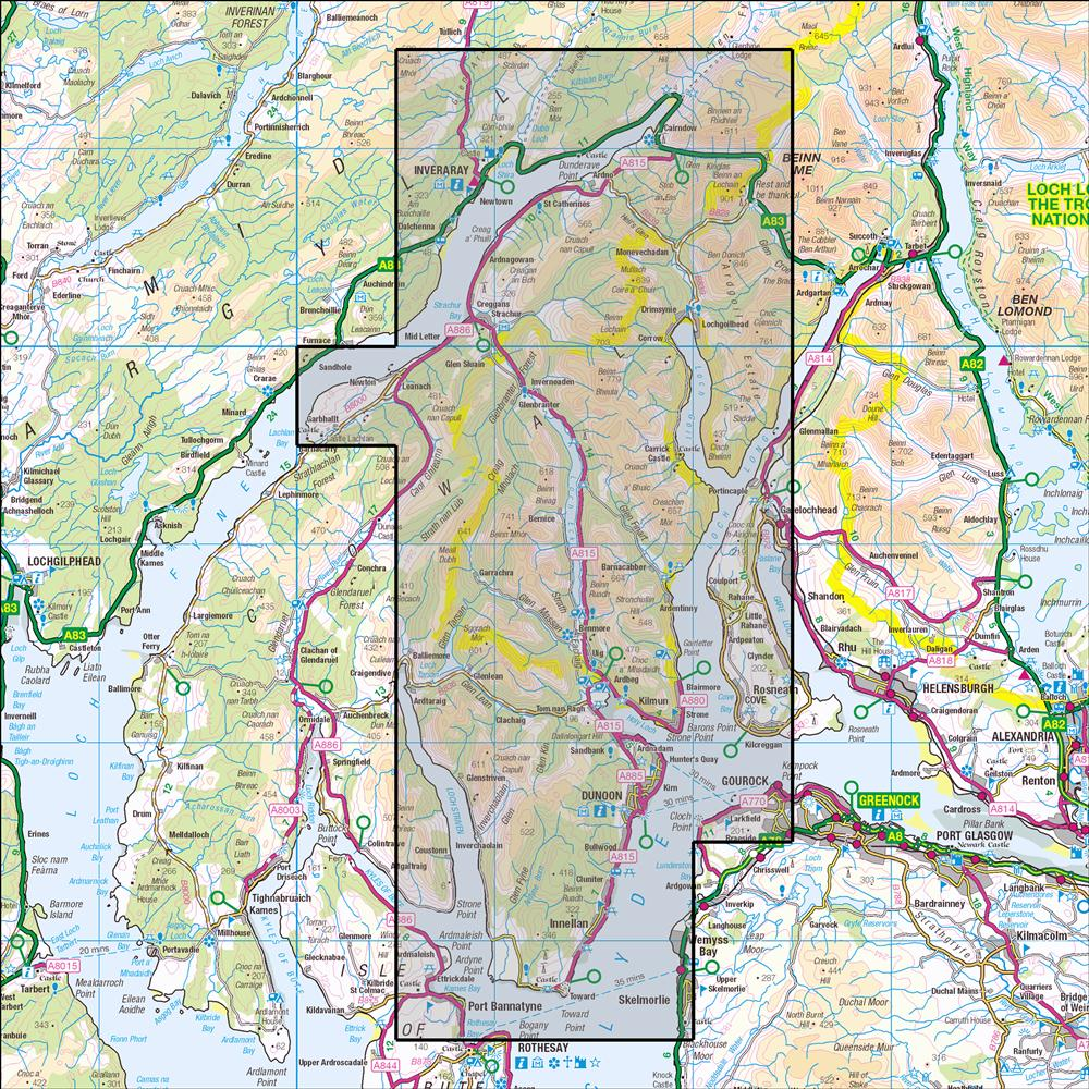 Outdoor Map Navigator image showing the area of the 1:25,000 scale Ordnance Survey Explorer map 363 Cowal East