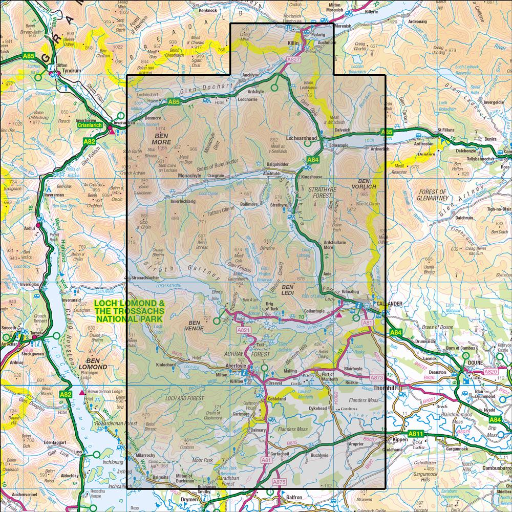 Outdoor Map Navigator image showing the area of the 1:25,000 scale Ordnance Survey Explorer map 365 The Trossachs