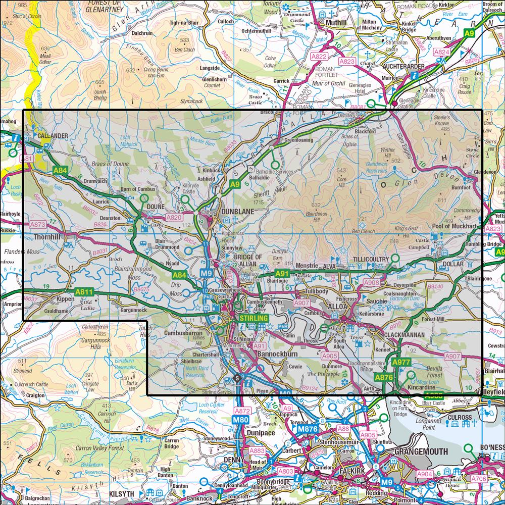 Outdoor Map Navigator image showing the area of the 1:25,000 scale Ordnance Survey Explorer map 366 Stirling & Ochil Hills West