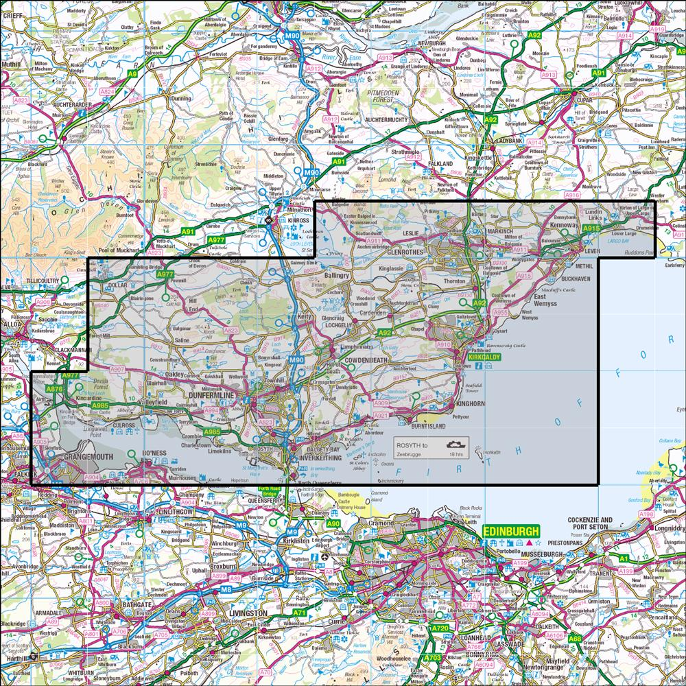 Outdoor Map Navigator image showing the area of the 1:25,000 scale Ordnance Survey Explorer map 367 Dunfermline, Kirkcaldy & Glenrothes South