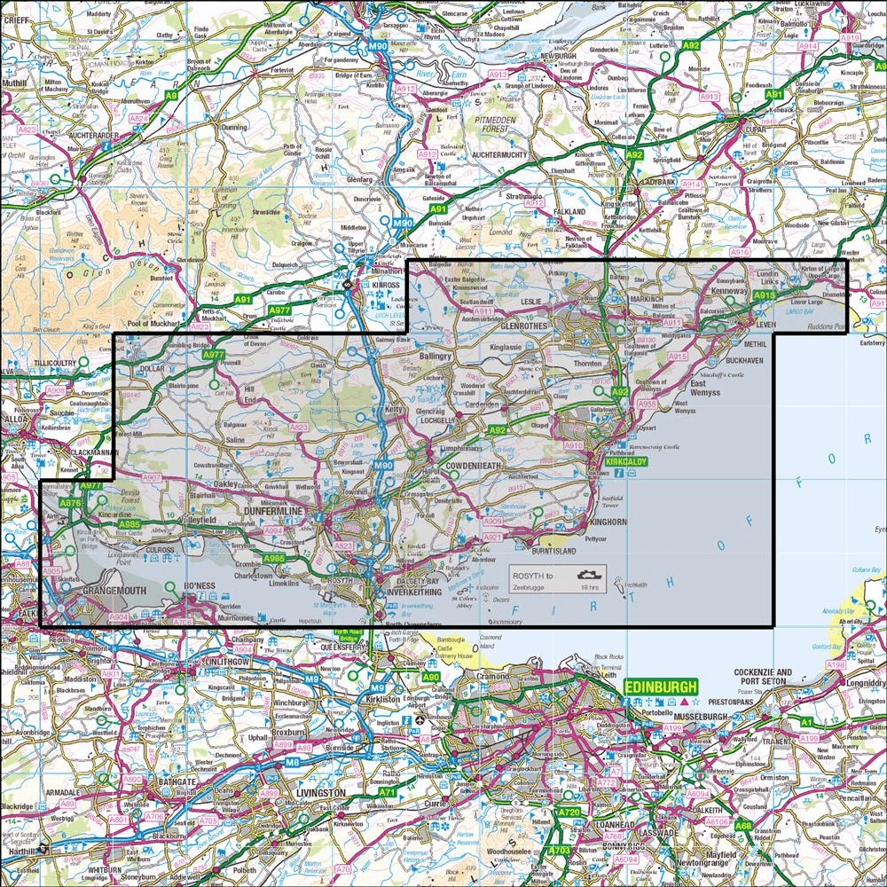 Outdoor Map Navigator image showing the area of the 1:25,000 scale Ordnance Survey Explorer map 367 Dunfermline, Kirkcaldy & Glenrothes South