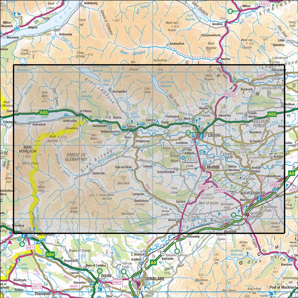 Outdoor Map Navigator image showing the area of the 1:25,000 scale Ordnance Survey Explorer map 368 Crieff, Comrie & Glen Artney