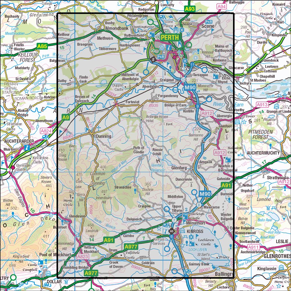 Outdoor Map Navigator image showing the area of the 1:25,000 scale Ordnance Survey Explorer map 369 Perth & Kinross