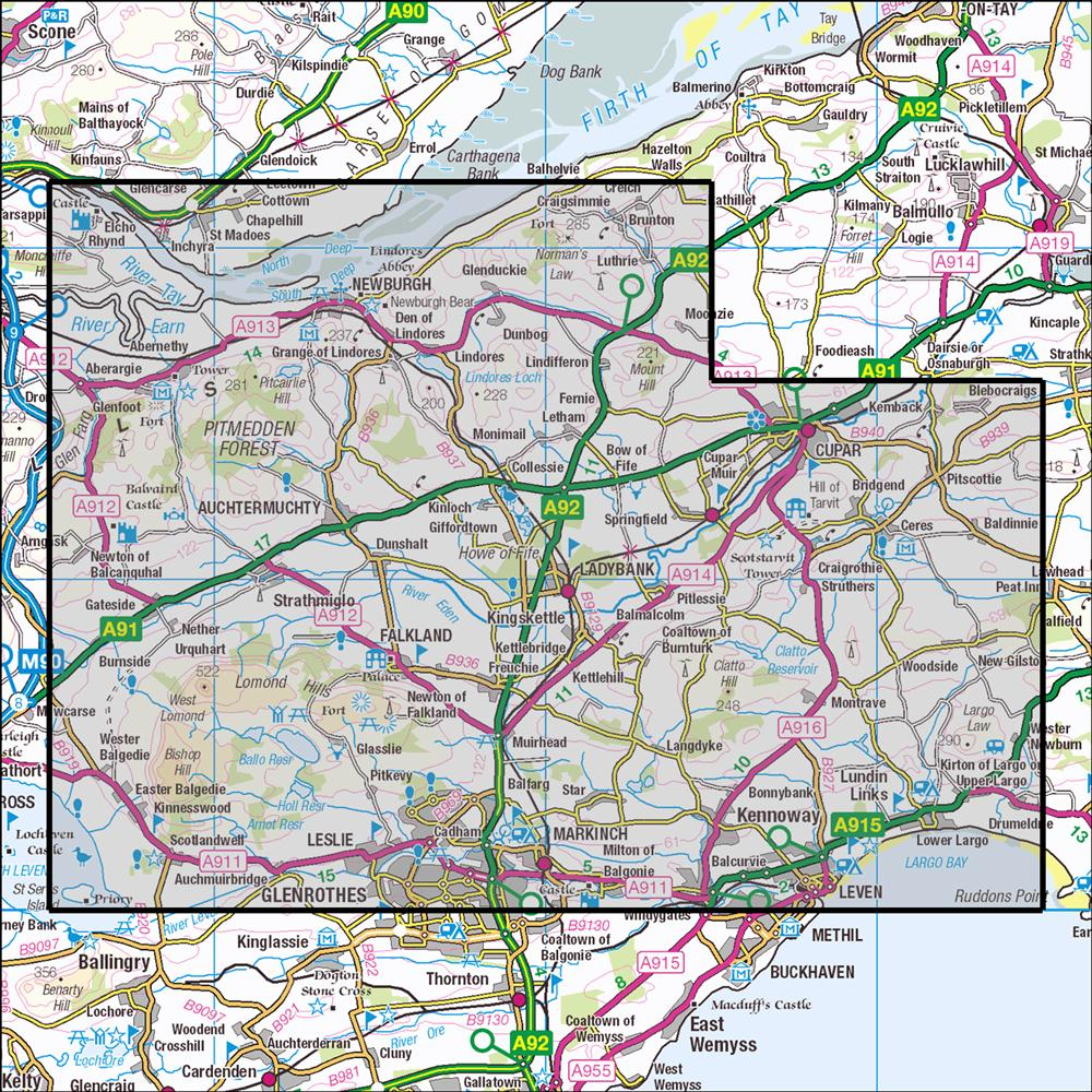 Outdoor Map Navigator image showing the area of the 1:25,000 scale Ordnance Survey Explorer map 370 Glenrothes North, Falkland & Lomond Hills