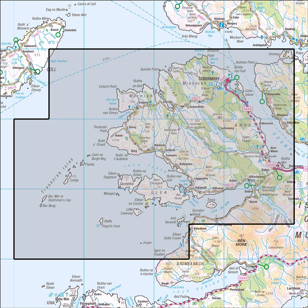 Outdoor Map Navigator image showing the area of the 1:25,000 scale Ordnance Survey Explorer map 374 Isle of Mull North, Tobermory & Staffa