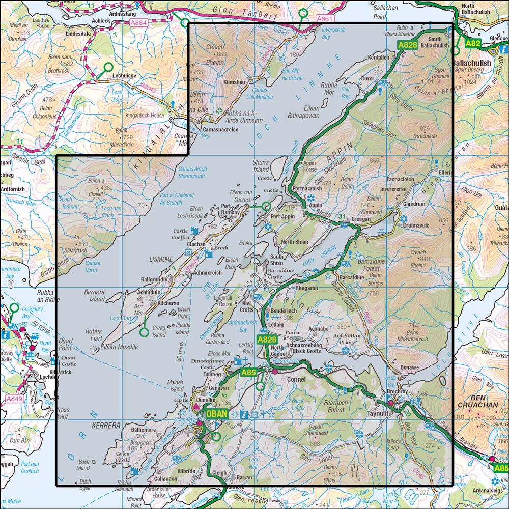 Outdoor Map Navigator image showing the area of the 1:25,000 scale Ordnance Survey Explorer map 376 Oban & North Lorn