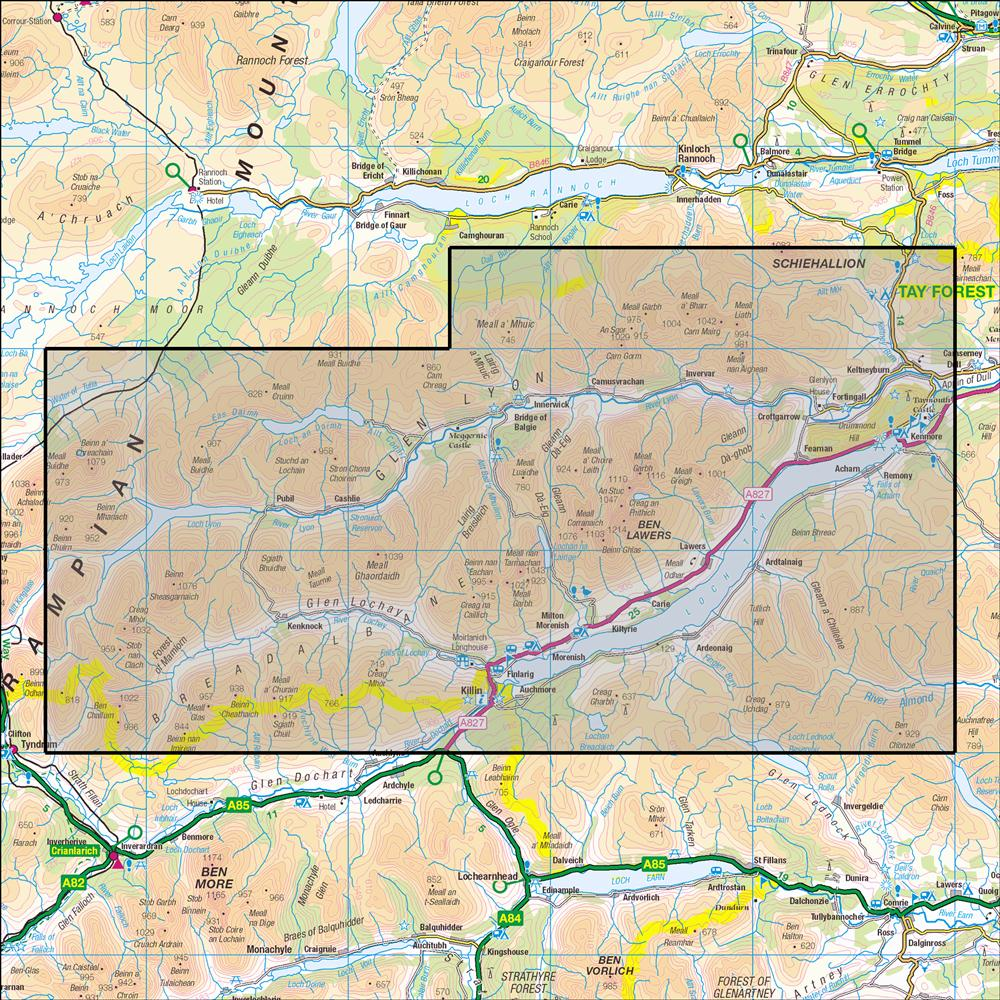 Outdoor Map Navigator image showing the area of the 1:25,000 scale Ordnance Survey Explorer map 378 Ben Lawers & Glen Lyon