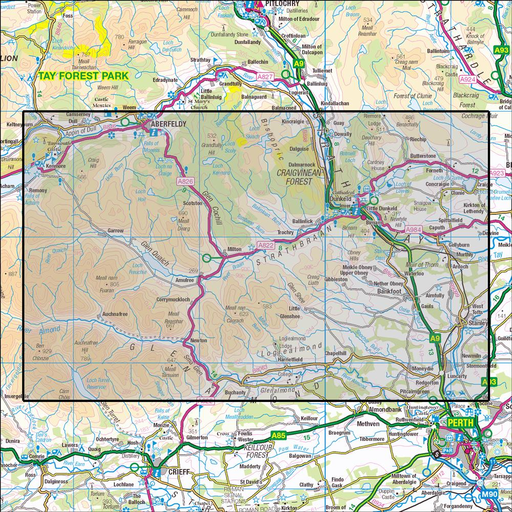 Outdoor Map Navigator image showing the area of the 1:25,000 scale Ordnance Survey Explorer map 379 Dunkeld, Aberfeldy & Glen Almond