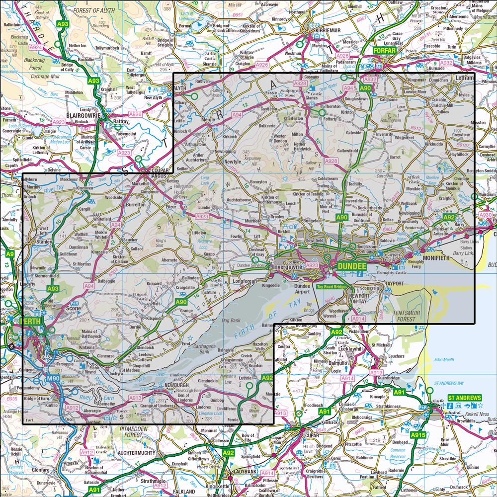 Outdoor Map Navigator image showing the area of the 1:25,000 scale Ordnance Survey Explorer map 380 Dundee & Sidlaw Hills