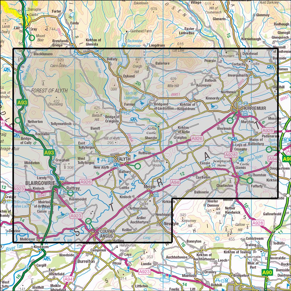 Outdoor Map Navigator image showing the area of the 1:25,000 scale Ordnance Survey Explorer map 381 Blairgowrie, Kirriemuir & Glamis