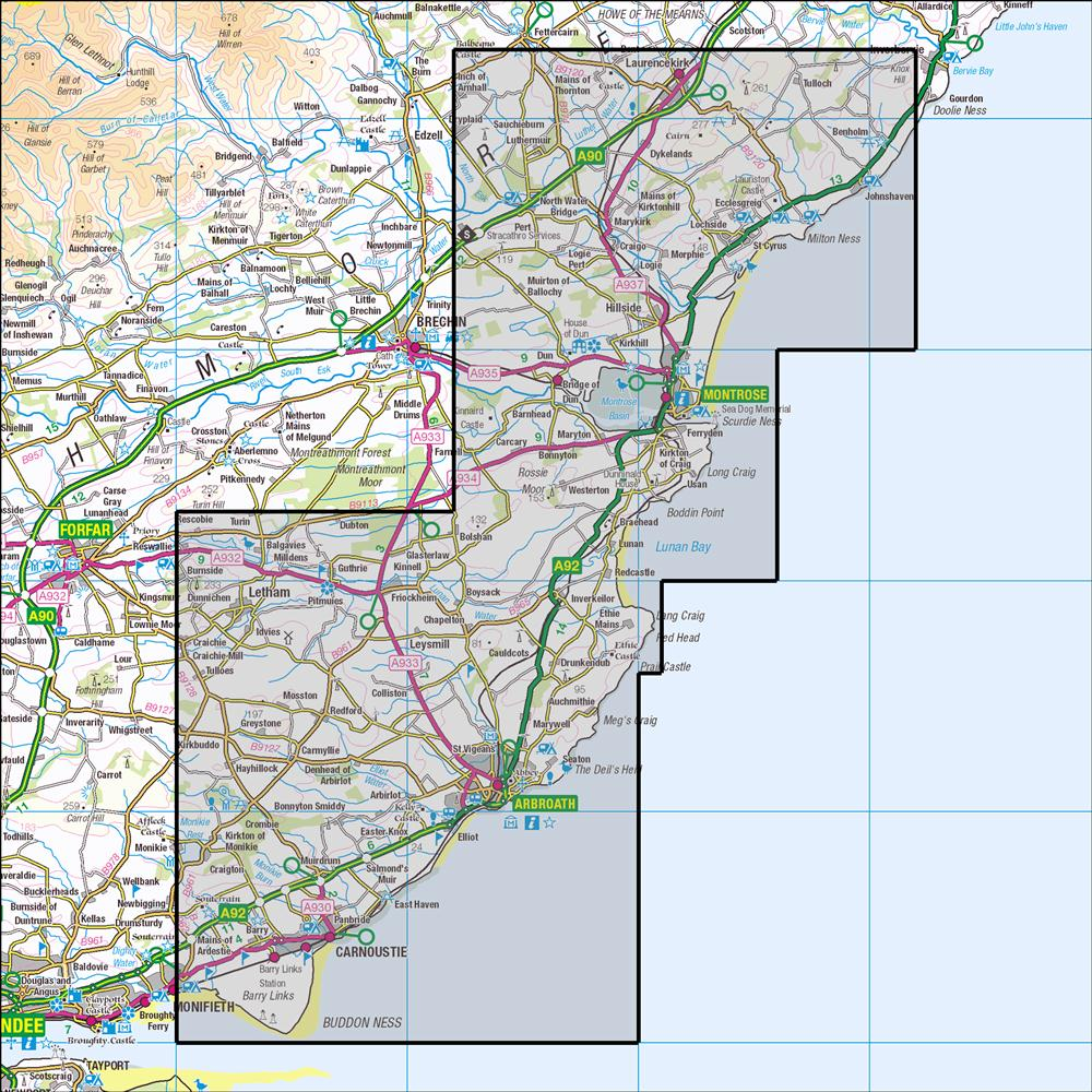 Outdoor Map Navigator image showing the area of the 1:25,000 scale Ordnance Survey Explorer map 382 Arbroath, Montrose & Carnoustie