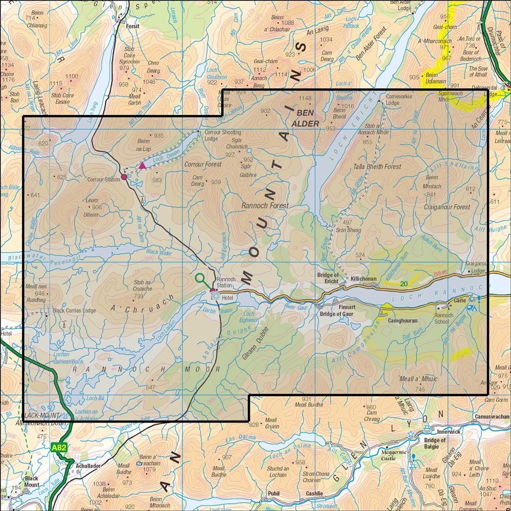 Outdoor Map Navigator image showing the area of the 1:25,000 scale Ordnance Survey Explorer map 385 Rannoch Moor & Ben Alder