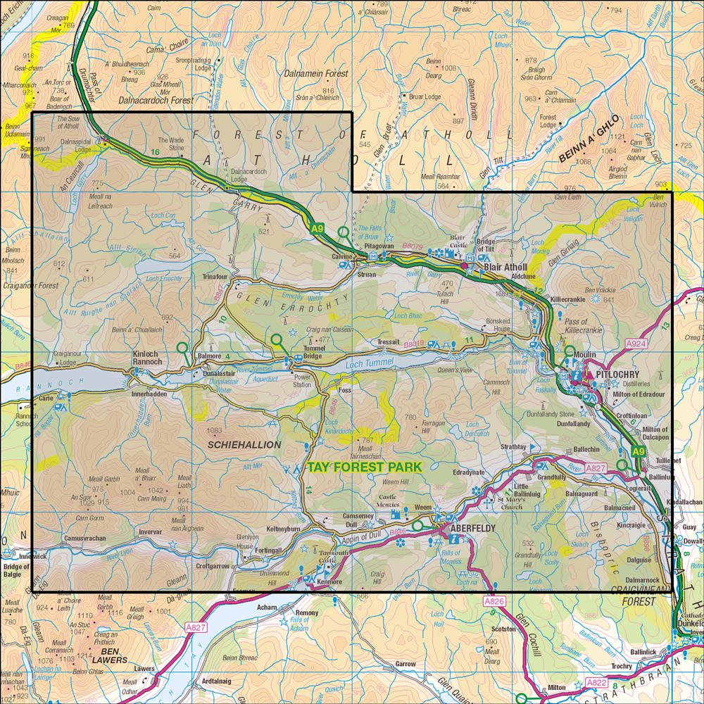 Outdoor Map Navigator image showing the area of the 1:25,000 scale Ordnance Survey Explorer map 386 Pitlochry & Loch Tummel