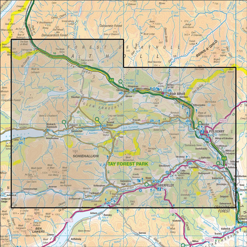 Outdoor Map Navigator image showing the area of the 1:25,000 scale Ordnance Survey Explorer map 386 Pitlochry & Loch Tummel