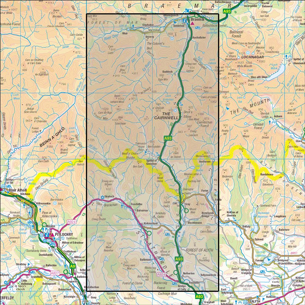 Outdoor Map Navigator image showing the area of the 1:25,000 scale Ordnance Survey Explorer map 387 Glen Shee & Braemar