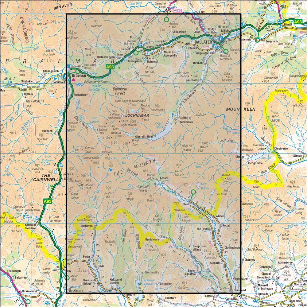 Outdoor Map Navigator image showing the area of the 1:25,000 scale Ordnance Survey Explorer map 388 Lochnagar, Glen Muick & Glen Clova