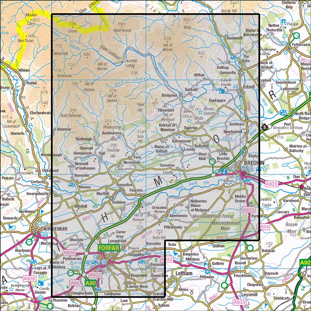 Outdoor Map Navigator image showing the area of the 1:25,000 scale Ordnance Survey Explorer map 389 Strathmore, Blairgowrie & Forfar
