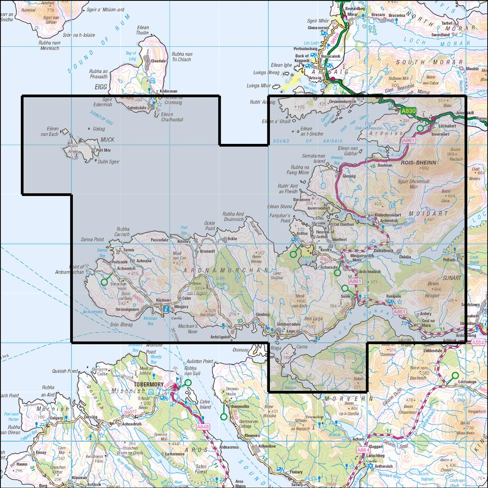 Outdoor Map Navigator image showing the area of the 1:25,000 scale Ordnance Survey Explorer map 390 Ardnamurchan