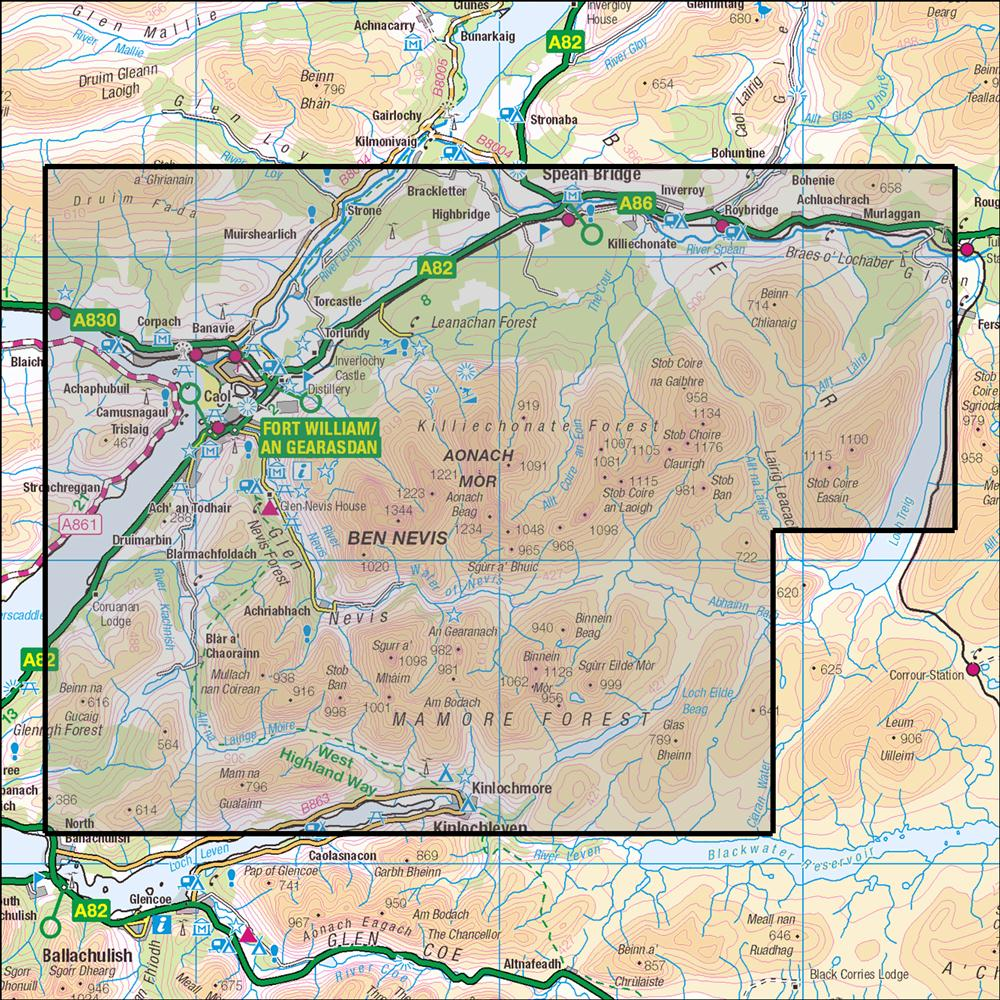 Outdoor Map Navigator image showing the area of the 1:25,000 scale Ordnance Survey Explorer map 392 Ben Nevis & Fort William