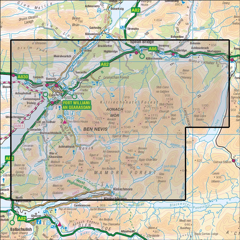 Outdoor Map Navigator image showing the area of the 1:25,000 scale Ordnance Survey Explorer map 392 Ben Nevis & Fort William