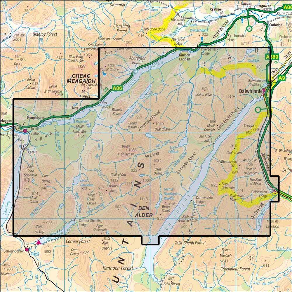 Outdoor Map Navigator image showing the area of the 1:25,000 scale Ordnance Survey Explorer map 393 Ben Alder, Loch Ericht & Loch Laggan