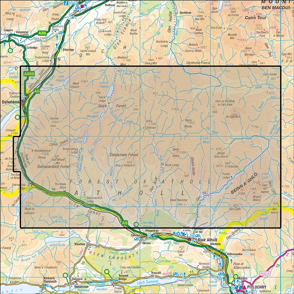 Outdoor Map Navigator image showing the area of the 1:25,000 scale Ordnance Survey Explorer map 394 Atholl