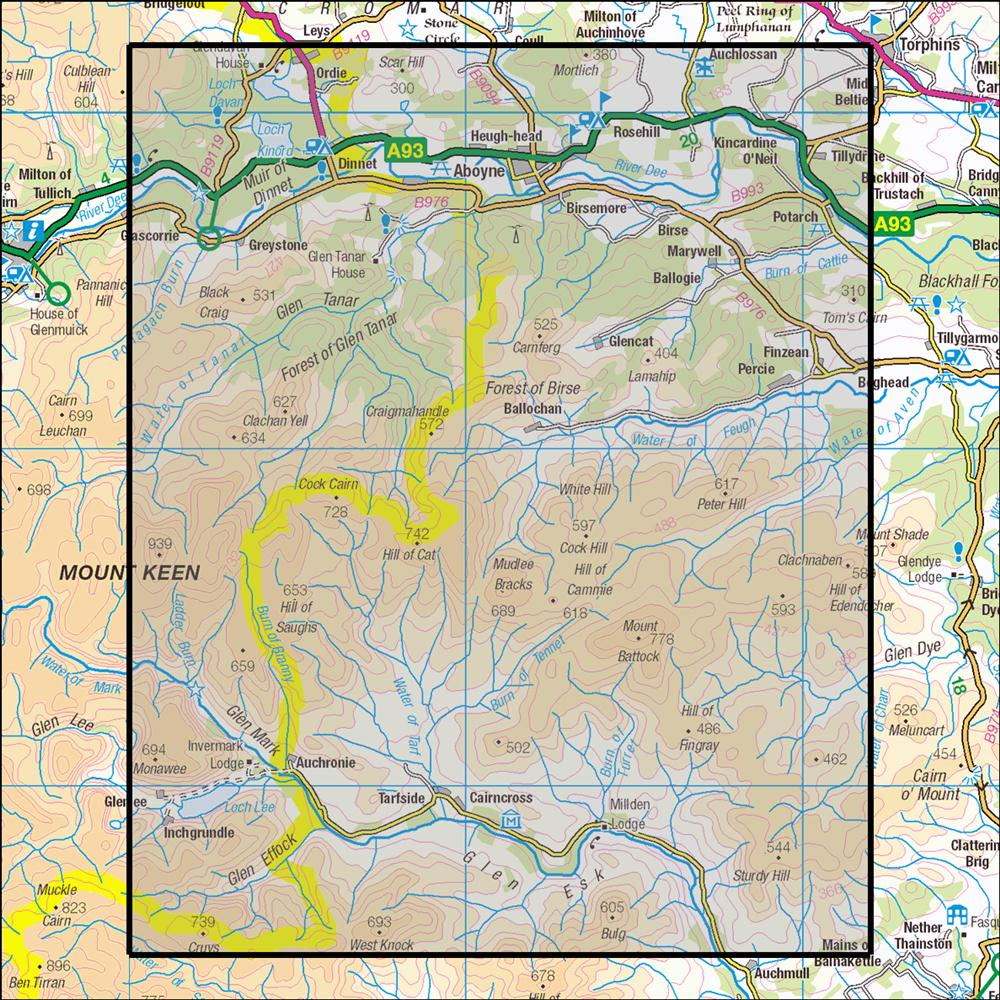 Outdoor Map Navigator image showing the area of the 1:25,000 scale Ordnance Survey Explorer map 395 Glen Esk & Glen Tanar