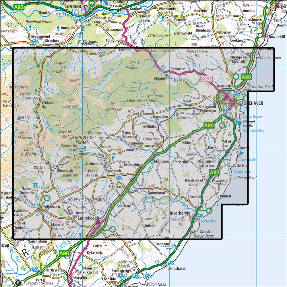 Outdoor Map Navigator image showing the area of the 1:25,000 scale Ordnance Survey Explorer map 396 Stonehaven & Inverbervie