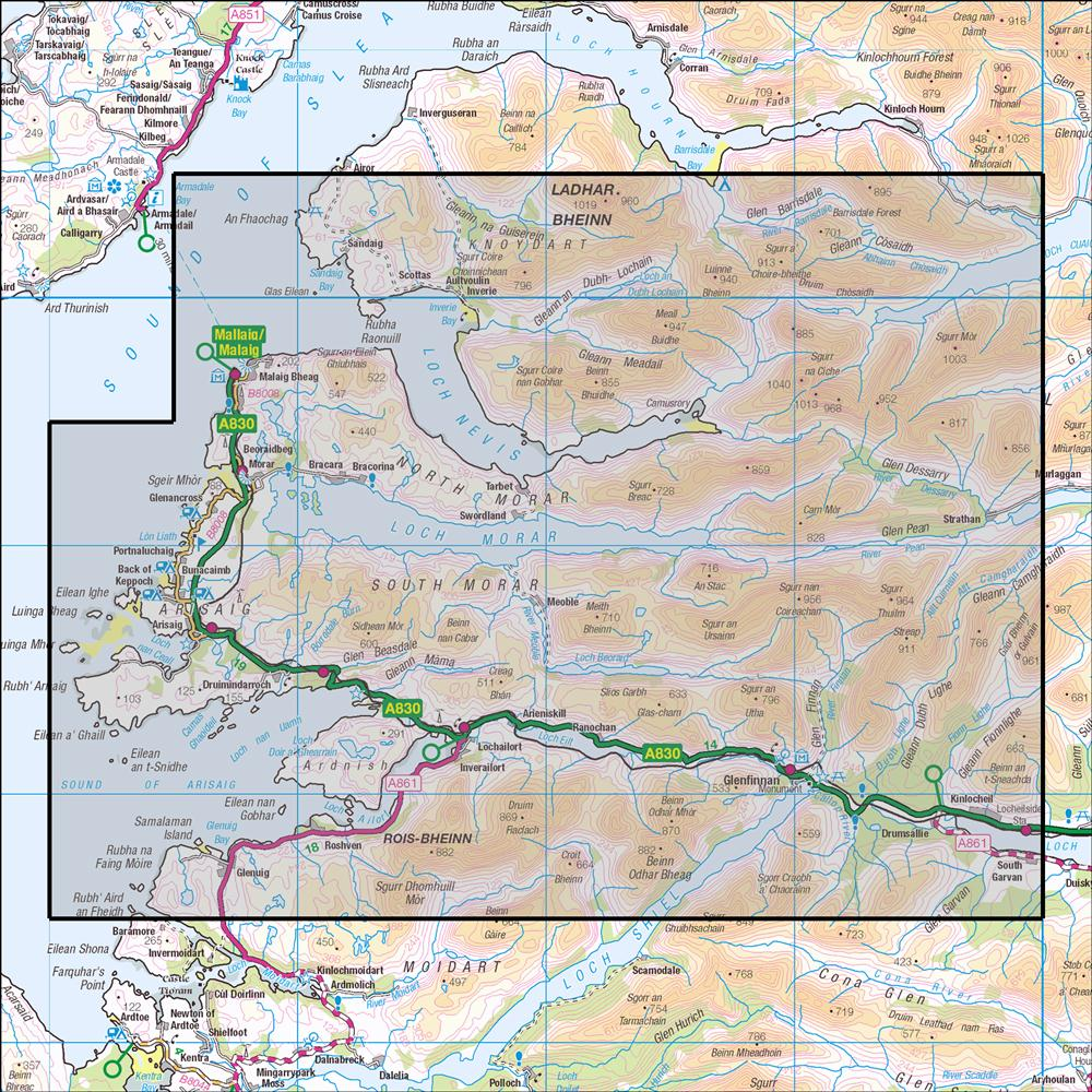 Outdoor Map Navigator image showing the area of the 1:25,000 scale Ordnance Survey Explorer map 398 Loch Morar, Mallaig, Arisaig & Glenfinnan