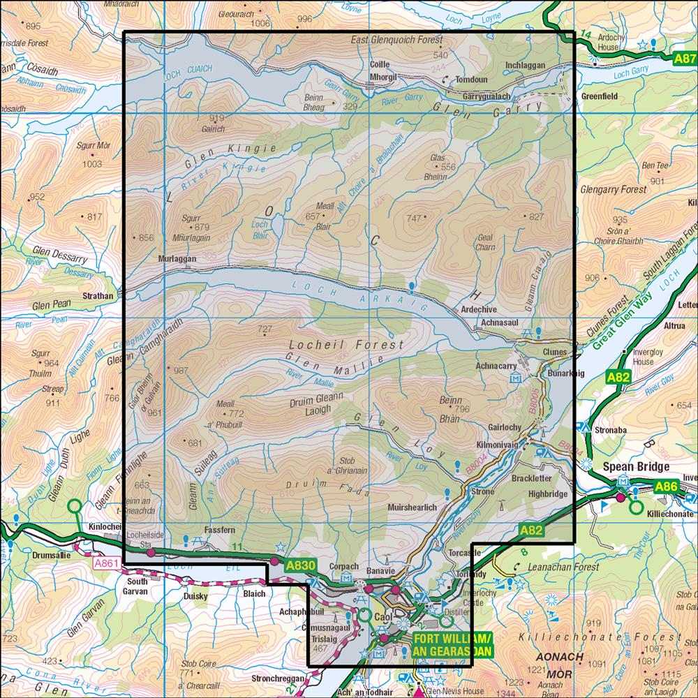 Outdoor Map Navigator image showing the area of the 1:25,000 scale Ordnance Survey Explorer map 399 Loch Arkaig & Fort William