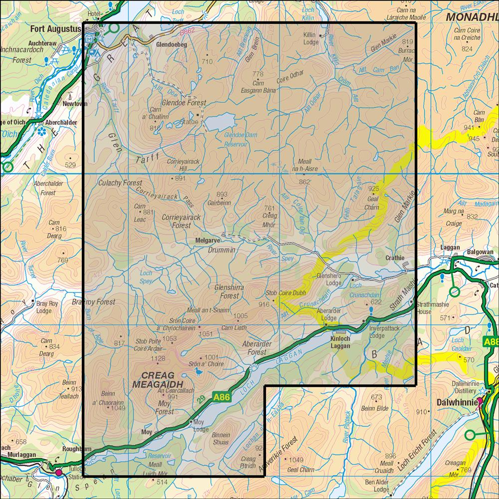 Outdoor Map Navigator image showing the area of the 1:25,000 scale Ordnance Survey Explorer map 401 Loch Laggan & Corrieyairack Forest