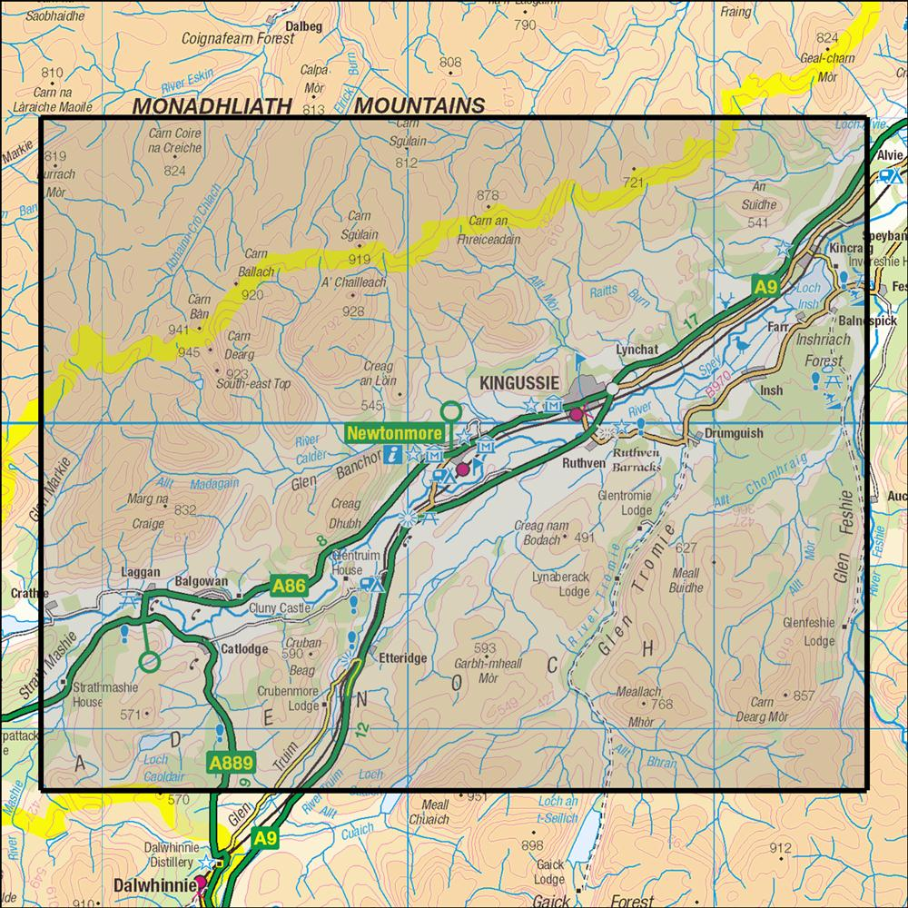 Outdoor Map Navigator image showing the area of the 1:25,000 scale Ordnance Survey Explorer map 402 Strathspey - Kingussie & Newtonmore