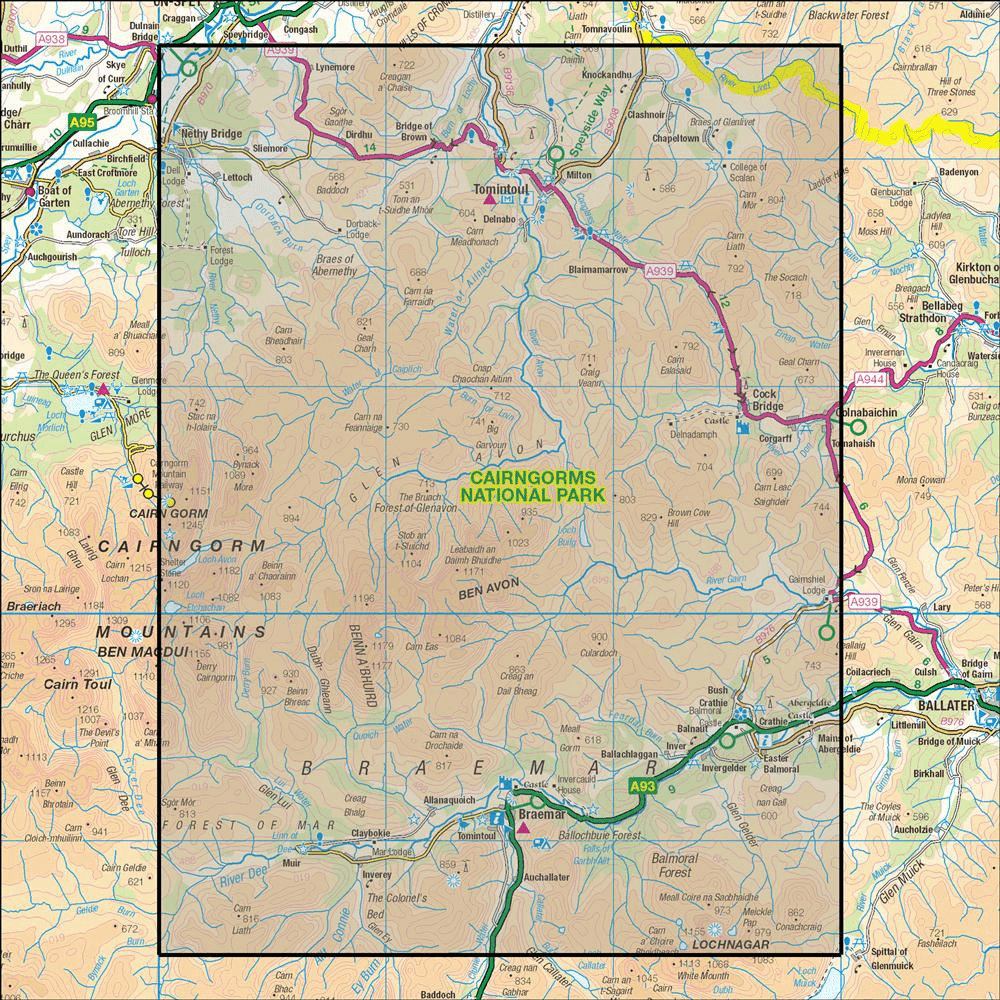 Outdoor Map Navigator image showing the area of the 1:25,000 scale Ordnance Survey Explorer map 404 Braemar, Tomintoul & Glen Avon
