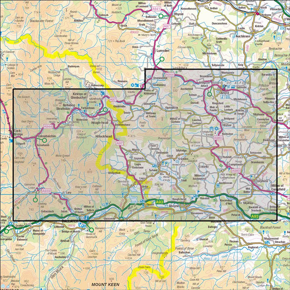 Outdoor Map Navigator image showing the area of the 1:25,000 scale Ordnance Survey Explorer map 405 Aboyne, Alford & Strathdon