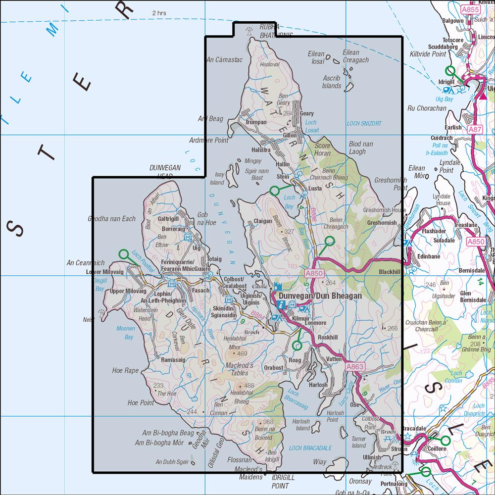 Outdoor Map Navigator image showing the area of the 1:25,000 scale Ordnance Survey Explorer map 407 Skye - Dunvegan