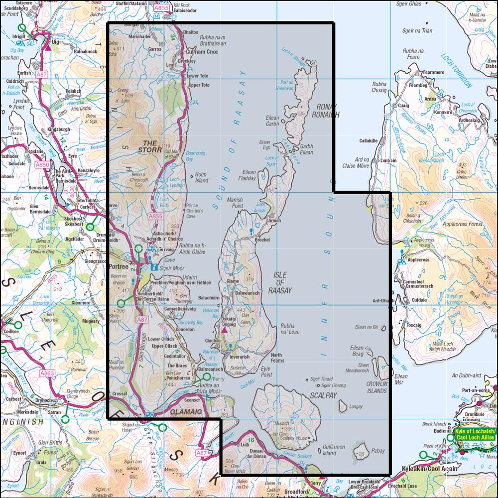 Outdoor Map Navigator image showing the area of the 1:25,000 scale Ordnance Survey Explorer map 409 Raasay, Rona & Scalpay